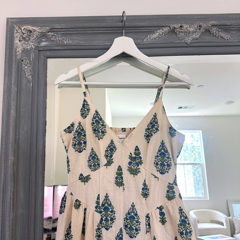 Japna Cream Midi Dress with Blue-Green Floral Print